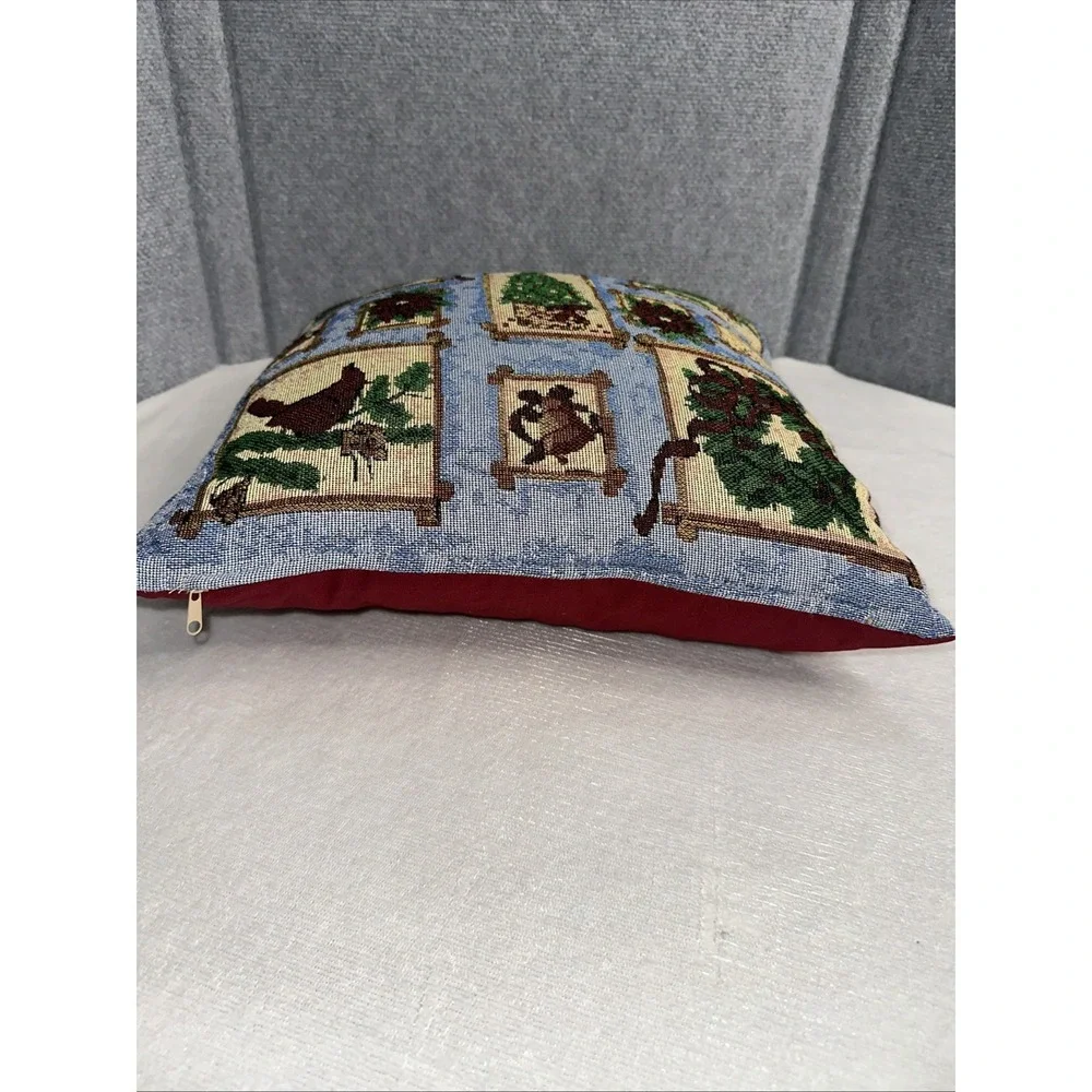 Holiday Tapestry Pillow Festive Christmas‎ Wreath Tree & Cardinal 14.5 X 14.5